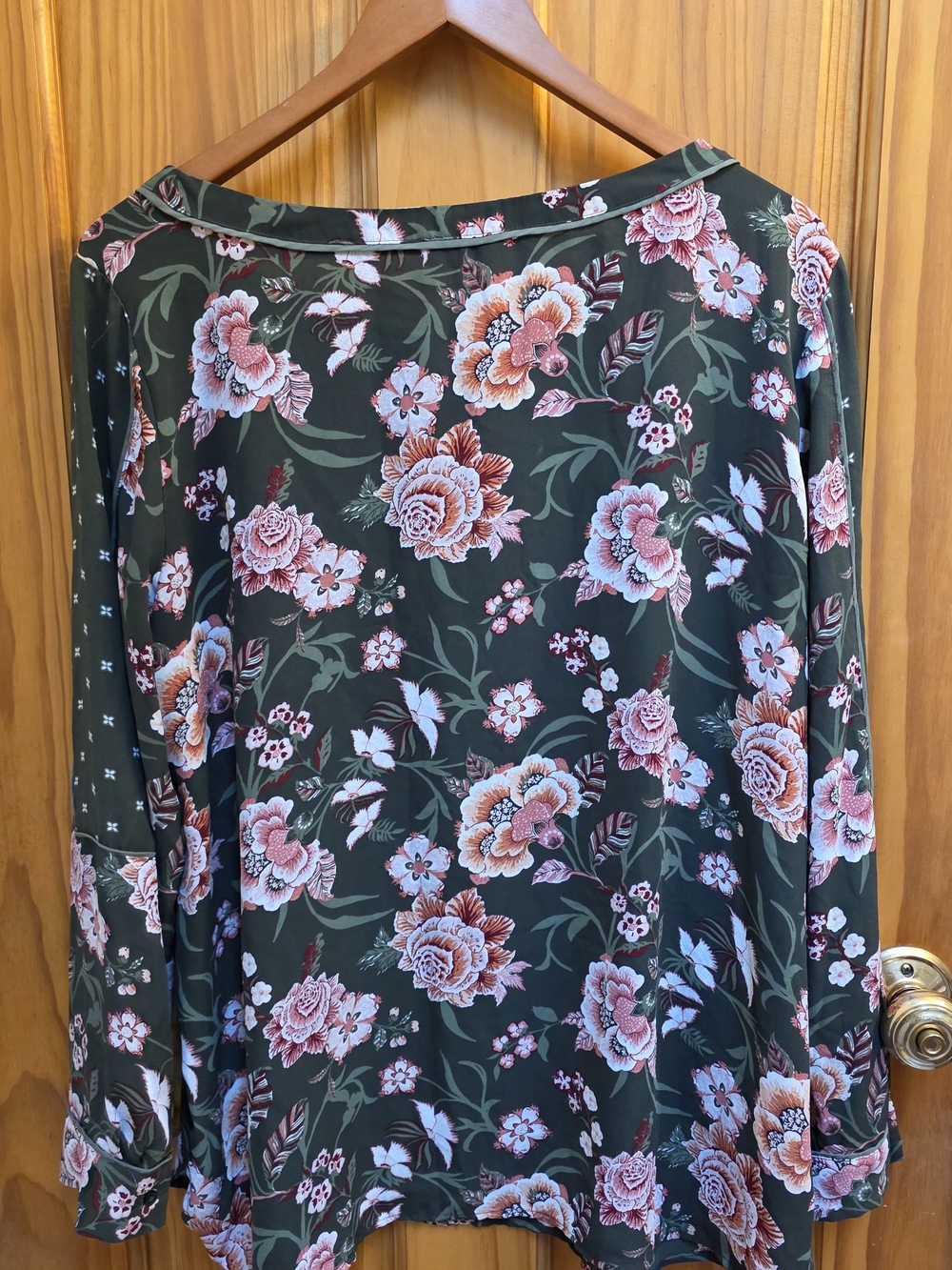 LOFT Olive Floral Long-Sleeve Blouse with Pink Blooms - Picture 3 of 3